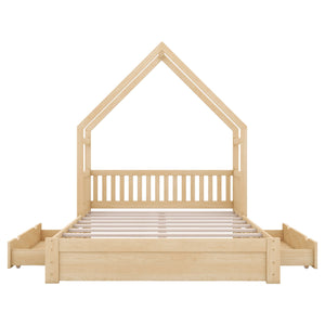 English Elm Wood Queen Size House Platform Bed with Guardrail and 2 Drawers — Charming Kids’ Playful Storage Bedframe Natural GX000726AAN