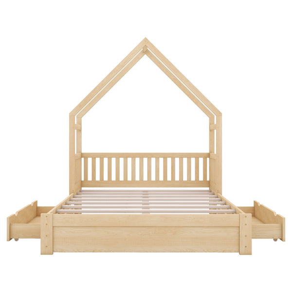 English Elm Wood Queen Size House Platform Bed with Guardrail and 2 Drawers — Charming Kids’ Playful Storage Bedframe Natural GX000726AAN