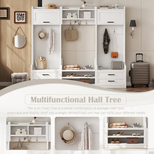 English Elm 4-in-1 Hall Tree with Bench, 7 Hooks, 2 Cabinets & 4 Drawers for Entryway Storage and Seating White W1580S00090