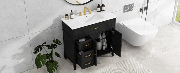 English Elm 36" Modern Bathroom Vanity with Ceramic Sink, Solid Wood + MDF Frame, Sleek Freestanding Design Black N725P195410B
