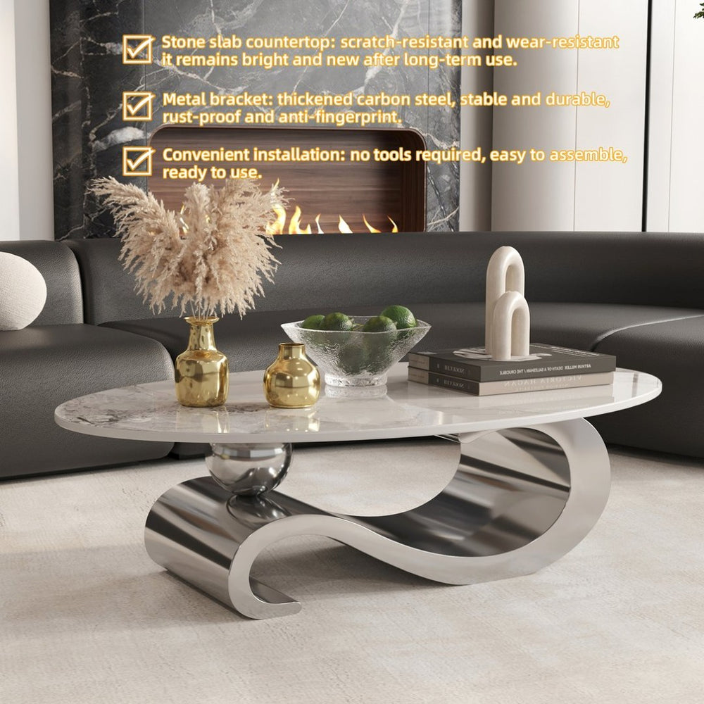 English Elm Silver Sintered Stone Top Coffee Table with Mirrored Steel Pedestal for Modern Living W3985S00018