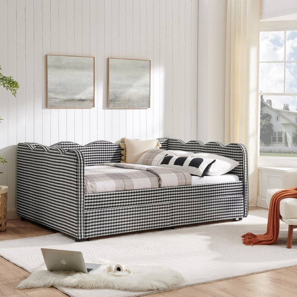 English Elm Full Size Gingham Linen Daybed with Wave Backrest Trundle and Usb Charging Port Black W1413S00154