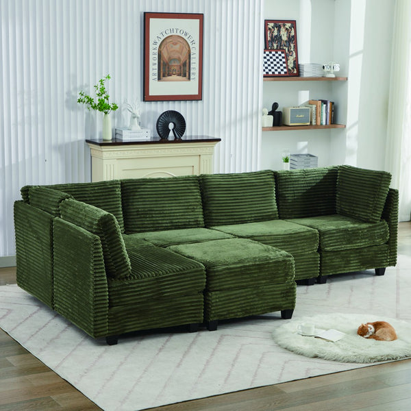 English Elm Corduroy Plush U-Shaped Sectional Sofa with Storage Ottoman, Pet-Friendly Durable Modular Comfort Green W2915S00065