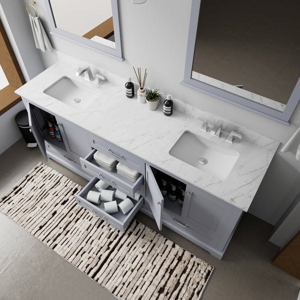 English Elm Dark Grey Double Bath Vanity With Carrara Marble Top, Chrome Faucets & Mirrors - Stylish Storage Solution B2731S01031