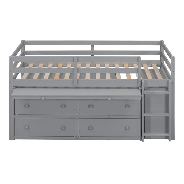 English Elm Twin Loft Bed Pinewood Frame Four Drawers Retractable Study Desk Kids Bedroom Gray LT000368AAE