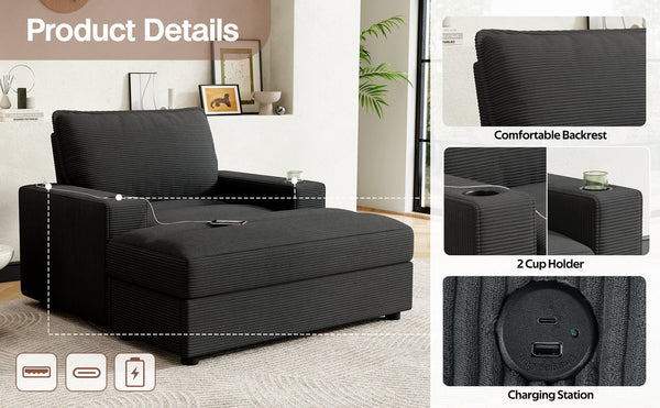 English Elm Christopher Knight Home® - 42.8" Oversized Chaise Lounge with Storage Ottoman, Corduroy Upholstery, USB Port & Cup Holders for Cozy Living Space Grey N765P350851G