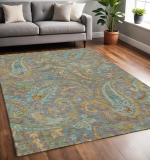 HomeRoots 5' X 8' Washable Paisley Area Rug in Taupe, Green & Blue – Stain Resistant, UV Protected & Stylish 648000