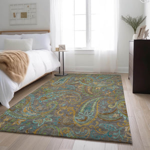 HomeRoots 5' X 8' Washable Paisley Area Rug in Taupe, Green & Blue – Stain Resistant, UV Protected & Stylish 648000