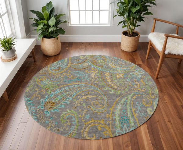 HomeRoots 8' Stylish Washable Round Paisley Rug in Taupe, Green & Blue - UV Protected, Kid & Pet Friendly! 648001