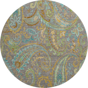HomeRoots 8' Stylish Washable Round Paisley Rug in Taupe, Green & Blue - UV Protected, Kid & Pet Friendly! 648001