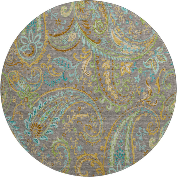 HomeRoots 8' Stylish Washable Round Paisley Rug in Taupe, Green & Blue - UV Protected, Kid & Pet Friendly! 648001