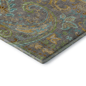 HomeRoots 8' Stylish Washable Round Paisley Rug in Taupe, Green & Blue - UV Protected, Kid & Pet Friendly! 648001