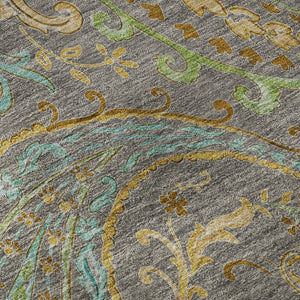 HomeRoots 8' Stylish Washable Round Paisley Rug in Taupe, Green & Blue - UV Protected, Kid & Pet Friendly! 648001