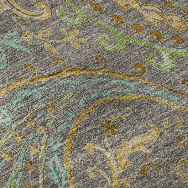 HomeRoots 8' Stylish Washable Round Paisley Rug in Taupe, Green & Blue - UV Protected, Kid & Pet Friendly! 648001