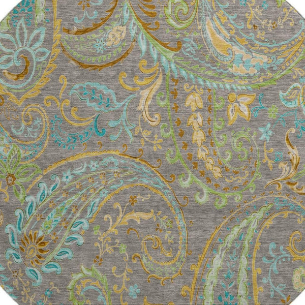 HomeRoots 8' Stylish Washable Round Paisley Rug in Taupe, Green & Blue - UV Protected, Kid & Pet Friendly! 648001