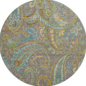 HomeRoots 8' Stylish Washable Round Paisley Rug in Taupe, Green & Blue - UV Protected, Kid & Pet Friendly! 648001