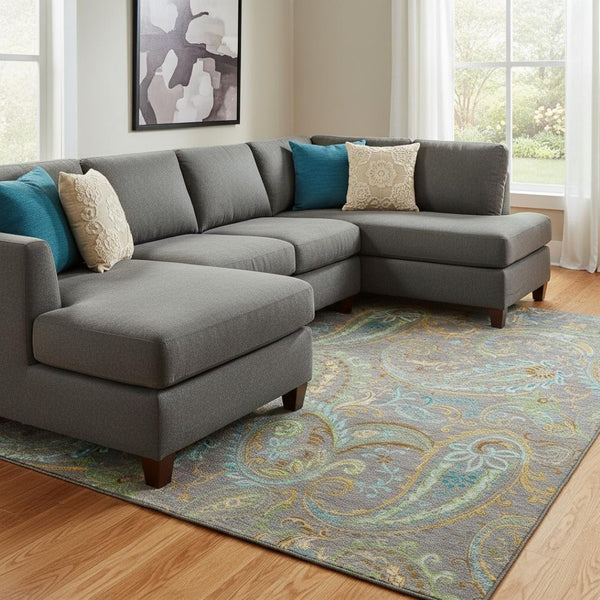 HomeRoots 8' X 10' Elegant Paisley Washable Area Rug in Taupe, Green & Blue - Stain Resistant & UV Protected 648002