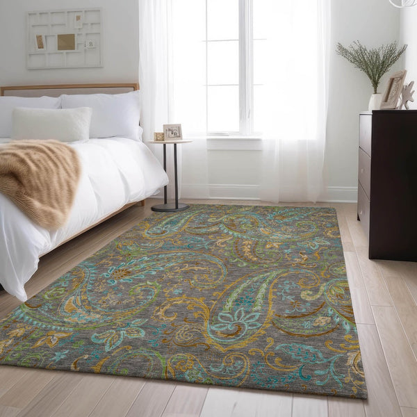 HomeRoots 8' X 10' Elegant Paisley Washable Area Rug in Taupe, Green & Blue - Stain Resistant & UV Protected 648002