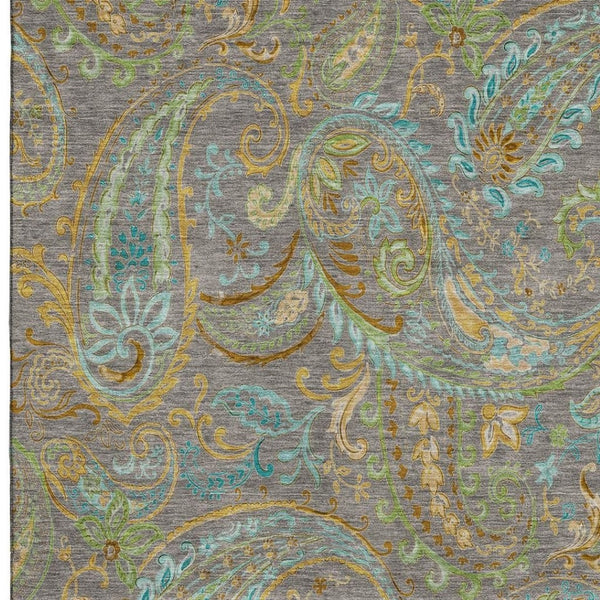 HomeRoots 8' X 10' Elegant Paisley Washable Area Rug in Taupe, Green & Blue - Stain Resistant & UV Protected 648002