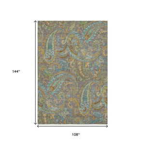 HomeRoots 9' X 12' Washable Taupe Green & Blue Paisley Area Rug with UV Protection for Family-Friendly Homes 648003