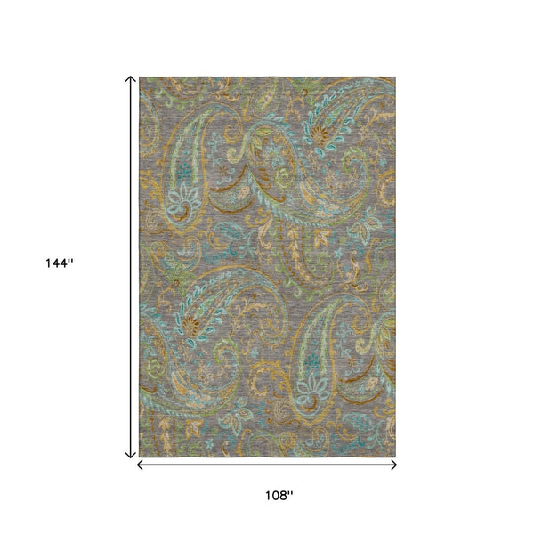 HomeRoots 9' X 12' Washable Taupe Green & Blue Paisley Area Rug with UV Protection for Family-Friendly Homes 648003
