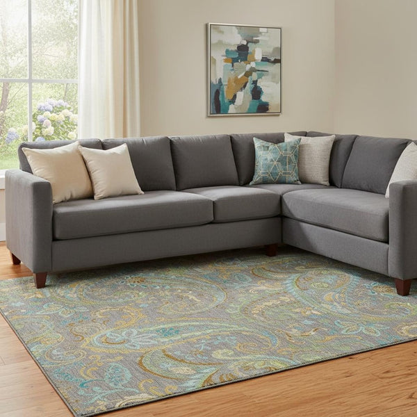 HomeRoots 9' X 12' Washable Taupe Green & Blue Paisley Area Rug with UV Protection for Family-Friendly Homes 648003