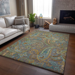 HomeRoots 9' X 12' Washable Taupe Green & Blue Paisley Area Rug with UV Protection for Family-Friendly Homes 648003