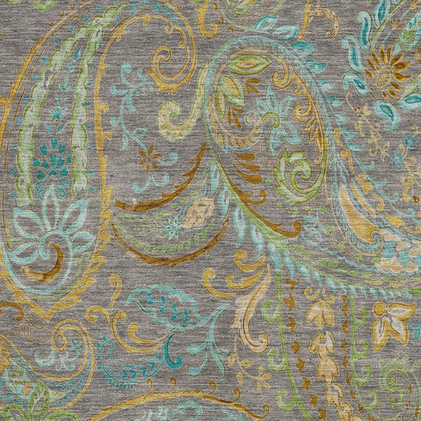 HomeRoots 9' X 12' Washable Taupe Green & Blue Paisley Area Rug with UV Protection for Family-Friendly Homes 648003