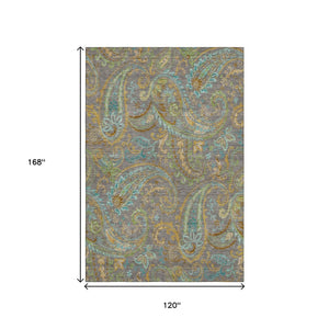 HomeRoots 10' X 14' Washable Paisley Area Rug in Taupe, Green & Blue - Durable, Stylish, UV Protected Design! 648004