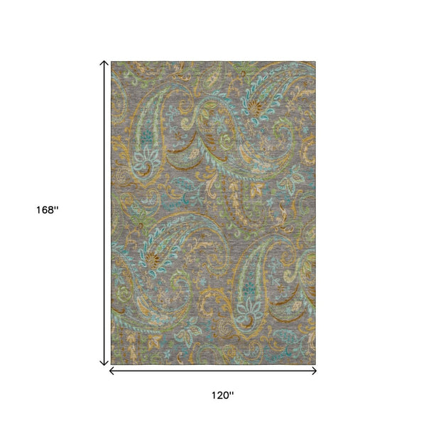HomeRoots 10' X 14' Washable Paisley Area Rug in Taupe, Green & Blue - Durable, Stylish, UV Protected Design! 648004