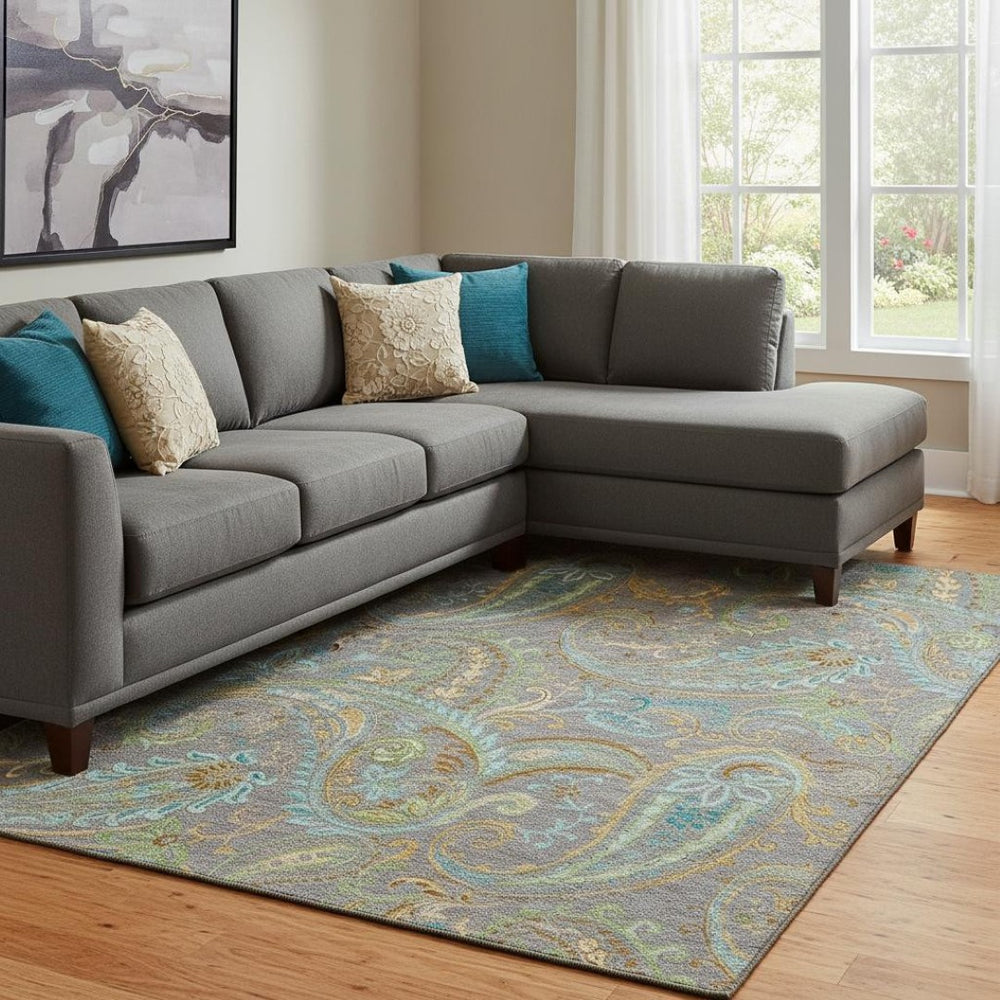 HomeRoots 10' X 14' Washable Paisley Area Rug in Taupe, Green & Blue - Durable, Stylish, UV Protected Design! 648004