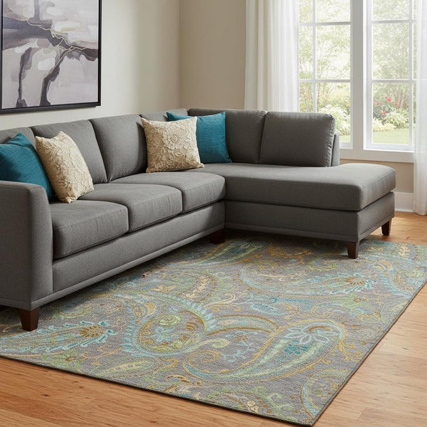 HomeRoots 10' X 14' Washable Paisley Area Rug in Taupe, Green & Blue - Durable, Stylish, UV Protected Design! 648004