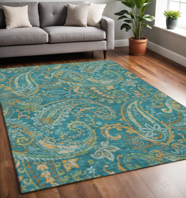 HomeRoots 5' X 8' Teal Green and Gold Paisley Area Rug - Washable, UV Protected, Stain Resistant Elegance! 648006