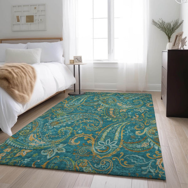 HomeRoots 5' X 8' Teal Green and Gold Paisley Area Rug - Washable, UV Protected, Stain Resistant Elegance! 648006
