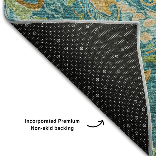 HomeRoots 5' X 8' Teal Green and Gold Paisley Area Rug - Washable, UV Protected, Stain Resistant Elegance! 648006