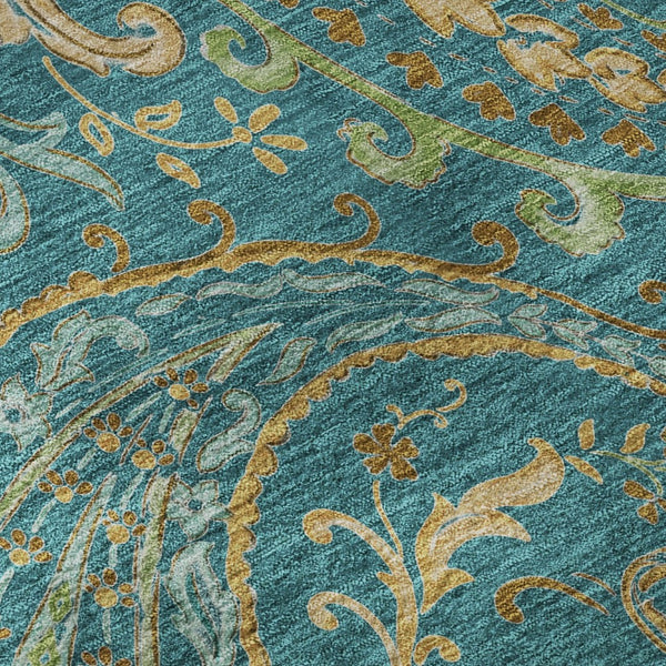 HomeRoots 5' X 8' Teal Green and Gold Paisley Area Rug - Washable, UV Protected, Stain Resistant Elegance! 648006