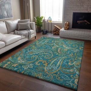 HomeRoots 5' X 8' Teal Green and Gold Paisley Area Rug - Washable, UV Protected, Stain Resistant Elegance! 648006