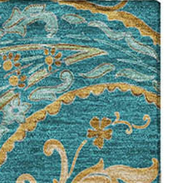 HomeRoots 5' X 8' Teal Green and Gold Paisley Area Rug - Washable, UV Protected, Stain Resistant Elegance! 648006