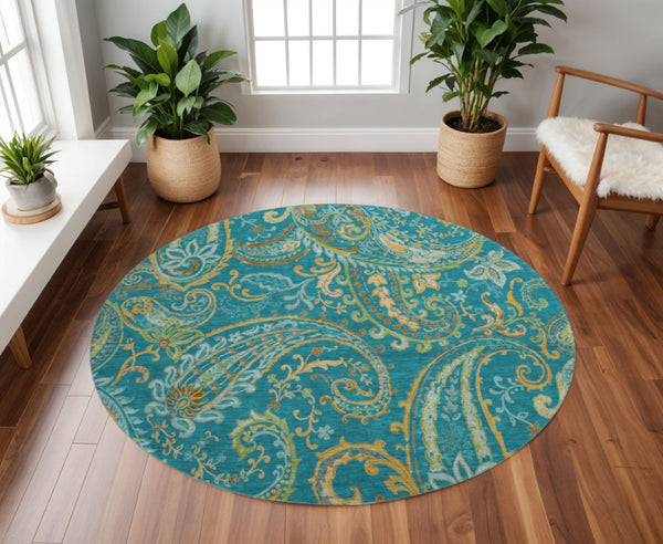 HomeRoots 8' Teal Green and Gold Paisley Washable Round Rug - UV Protected, Stain Resistant, Durable Design 648007