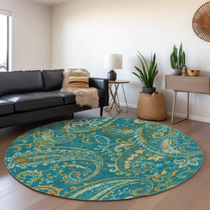 HomeRoots 8' Teal Green and Gold Paisley Washable Round Rug - UV Protected, Stain Resistant, Durable Design 648007