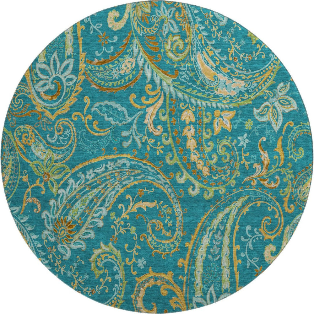 HomeRoots 8' Teal Green and Gold Paisley Washable Round Rug - UV Protected, Stain Resistant, Durable Design 648007