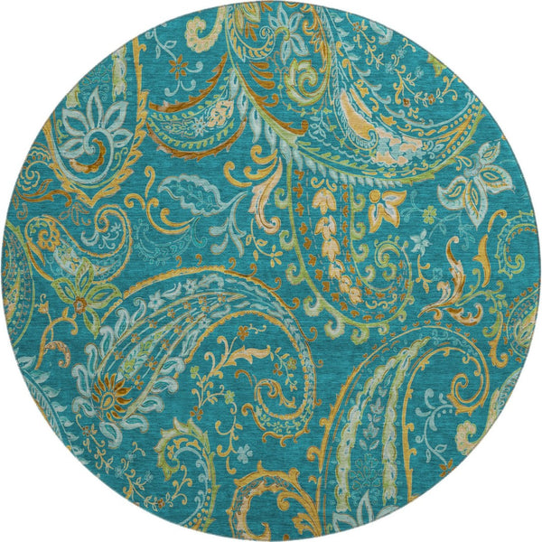 HomeRoots 8' Teal Green and Gold Paisley Washable Round Rug - UV Protected, Stain Resistant, Durable Design 648007