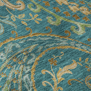HomeRoots 8' Teal Green and Gold Paisley Washable Round Rug - UV Protected, Stain Resistant, Durable Design 648007