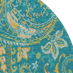HomeRoots 8' Teal Green and Gold Paisley Washable Round Rug - UV Protected, Stain Resistant, Durable Design 648007
