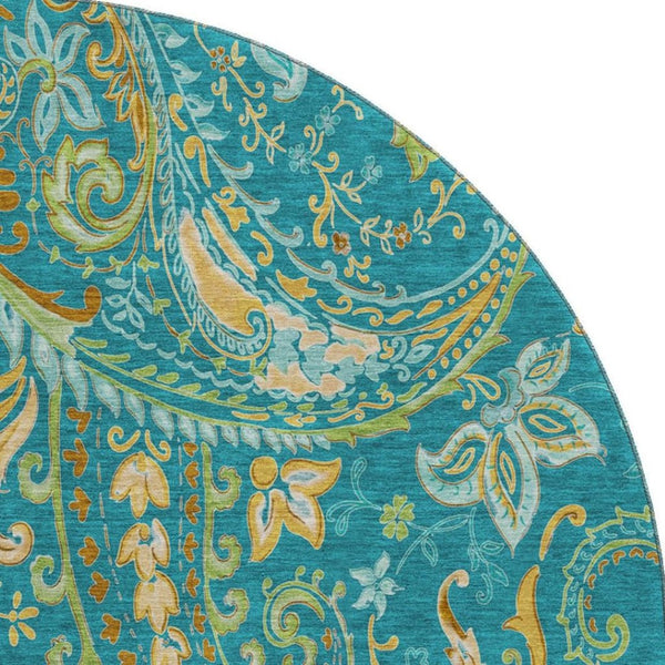 HomeRoots 8' Teal Green and Gold Paisley Washable Round Rug - UV Protected, Stain Resistant, Durable Design 648007