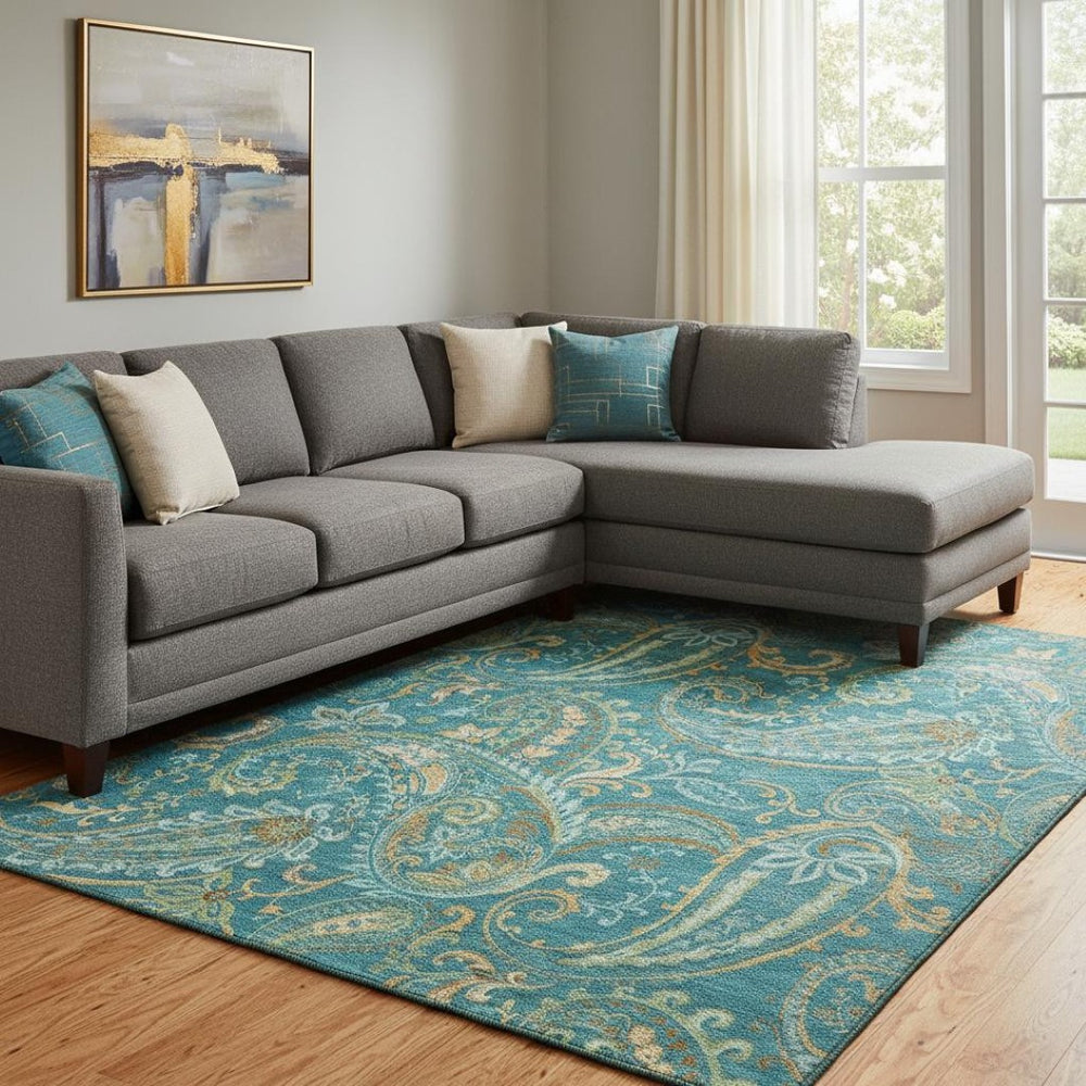 HomeRoots 8' X 10' Teal Green and Gold Paisley Area Rug – Washable, Stain-Resistant, UV Protected for Homes 648008