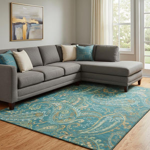 HomeRoots 8' X 10' Teal Green and Gold Paisley Area Rug – Washable, Stain-Resistant, UV Protected for Homes 648008