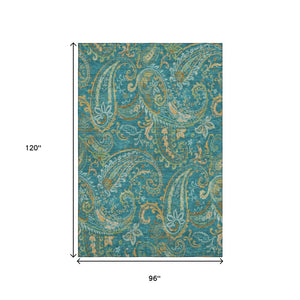 HomeRoots 8' X 10' Teal Green and Gold Paisley Area Rug – Washable, Stain-Resistant, UV Protected for Homes 648008