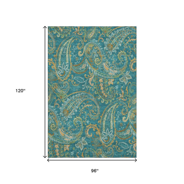HomeRoots 8' X 10' Teal Green and Gold Paisley Area Rug – Washable, Stain-Resistant, UV Protected for Homes 648008