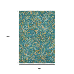 HomeRoots 9' X 12' Teal Green and Gold Paisley Washable Area Rug - Stain Resistant, UV Protected, Durable Style 648009